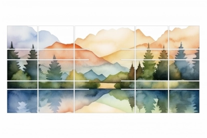 A watercolor painting of mountains and trees
