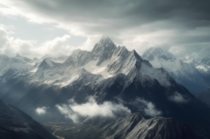 A snowy mountain tops with clouds