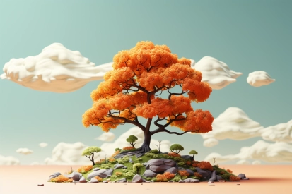A tree with orange leaves on a rocky hill