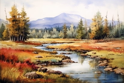 Watercolor painting of a river with trees and mountains in the background