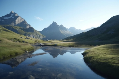 A water in a valley with mountains in the background