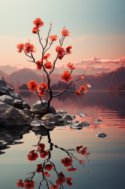 A tree with red flowers on a rock in water
