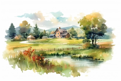 Watercolor of a house and a pond