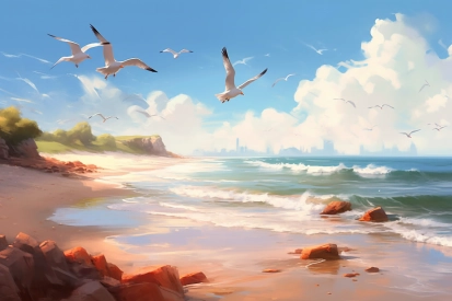 A group of birds flying over a beach