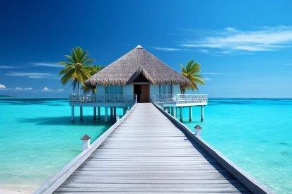 A dock leading to a hut on stilts in the ocean