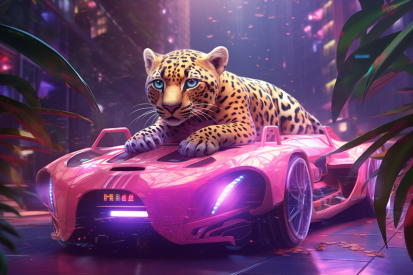 A cartoon of a leopard on a pink car