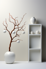 A tree with white balls in a vase next to a white shelf