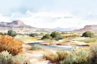 Watercolor of a river in a desert