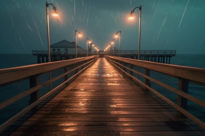 A wooden walkway with lights on it