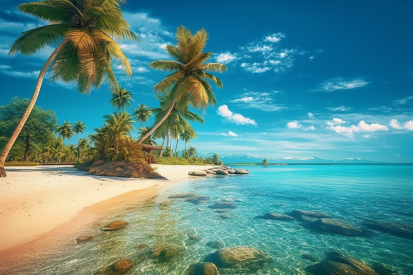 A beach with palm trees and blue water