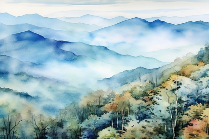 A watercolor painting of a mountain range