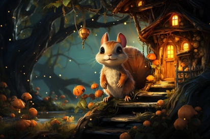 a cartoon squirrel standing on steps in front of a house
