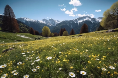 A field of flowers and trees with snow covered mountains in the background