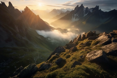 A mountain range with clouds and sun