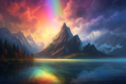 A rainbow over a mountain lake