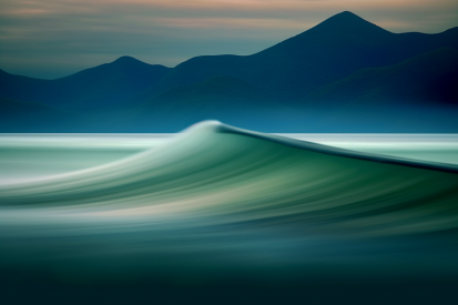 A wave in the ocean with mountains in the background