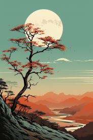 A tree with red leaves on a hill