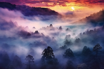 A foggy landscape with trees and a sunset