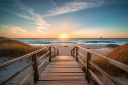 A wooden walkway leading to a beach