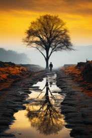 A person standing on a road with a tree in the background