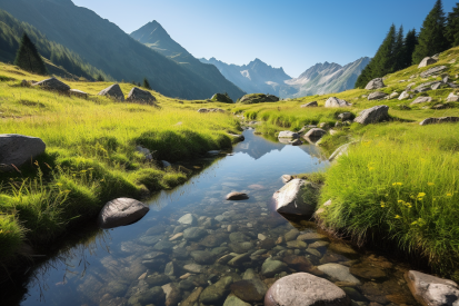 A stream in a valley with grass and rocks