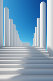 A white stairs leading up to a blue sky