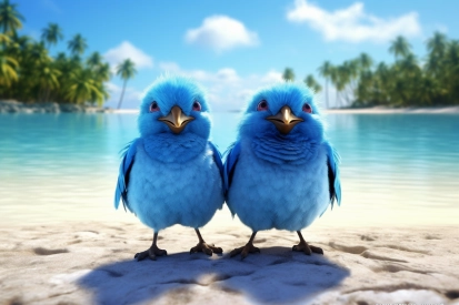 Two blue birds standing on a beach