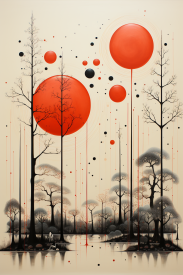 A painting of trees and red circles