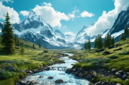 A river running through a valley with snow covered mountains