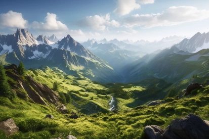 A green valley with mountains and snow