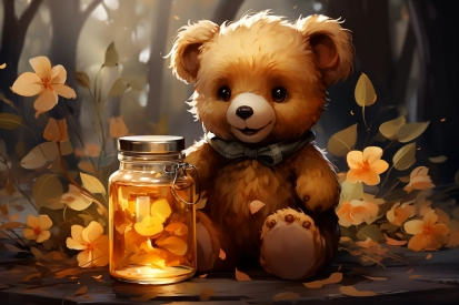 a teddy bear sitting next to a jar of honey
