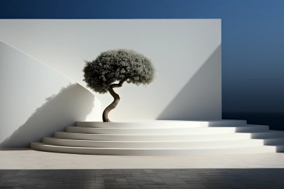 A tree growing out of a white wall