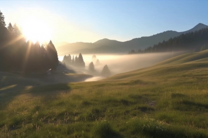 A foggy landscape with trees and mountains in the background