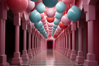 a long hallway with pink and blue balloons from ceiling