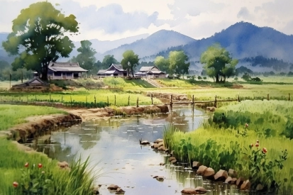 Watercolor of a river with houses and trees in the background
