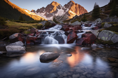 A river flowing over rocks with a mountain in the background