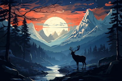 a deer standing on a rocky hill with mountains and a river