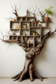 A tree with shelves and plants on it
