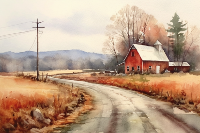 Watercolor of a red barn next to a road and trees
