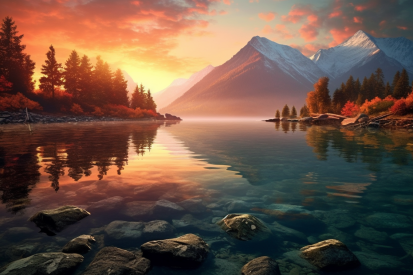 A lake with rocks and trees and mountains in the background