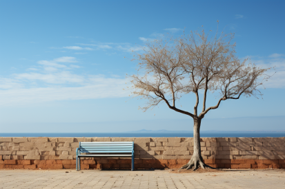 A bench and tree by a wall