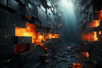 A dark room with glowing bricks