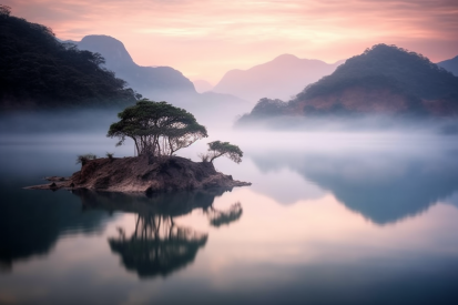 A small island with trees in the middle of a lake