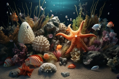A starfish and fish in a tank
