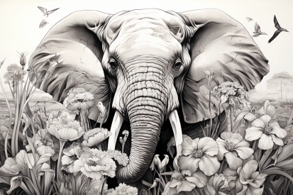 an elephant with tusks in a field of flowers