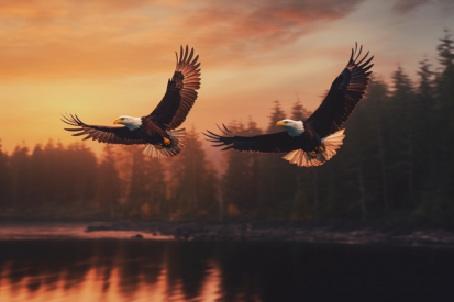 Two bald eagles flying over water