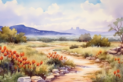 A watercolor painting of a dirt road with flowers and mountains in the background