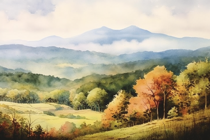 A watercolor painting of a landscape with trees and mountains