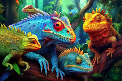 A group of colorful lizards on a tree branch