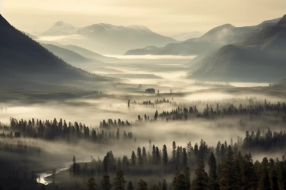 A foggy valley with trees and mountains